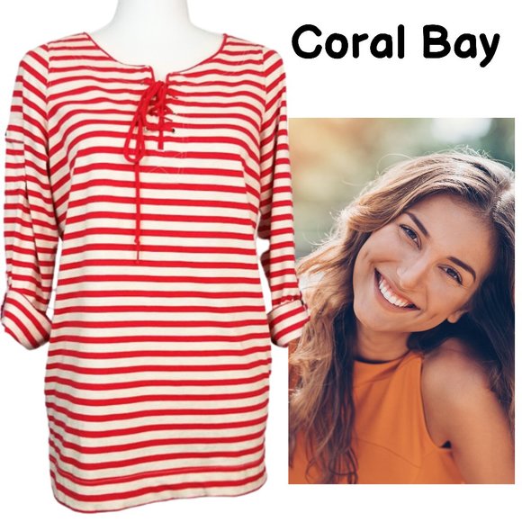 CORAL BAY Coral Red Striped Lace-Up Coastal Blouse - Women's S - Picture 1 of 5